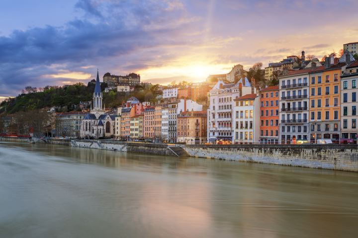 View of Saone river in Lyon city at sunset