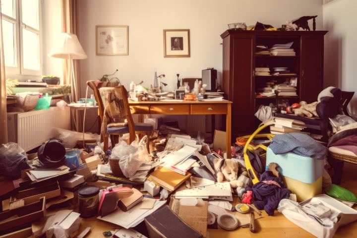 Messy living room with messy desk and lot of clutter on the floor Generative AI