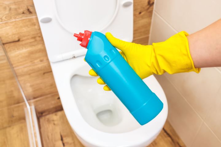 mockup, toilet cleaner, blue bottle of liquid product with place for label