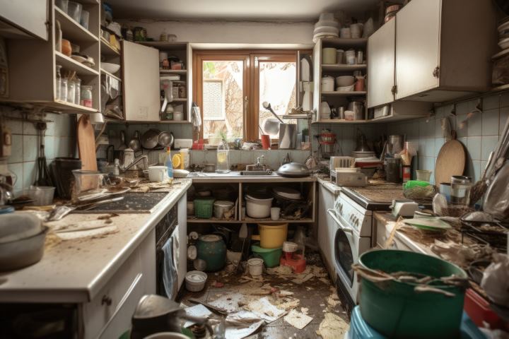 Very messy kitchen interior Unwashed dishes Generative AI